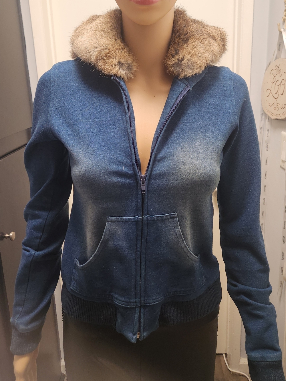 Fox-Fur Collar Blue Zip-Up Women's Sweatshirt/ Jacket from H. Lorenzo.